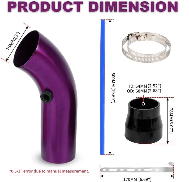 BARTOO 3 Inch Cold Air Intake Filter Pipe Curve Pipe, Aluminum Air Intake Elbow for Car Truck Turbo Piping, Purple - Image 2